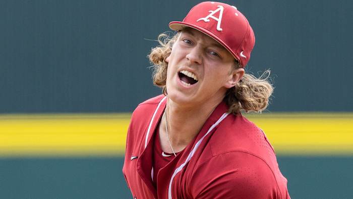 Razorbacks starting pitcher Hagen Smith struggles in the first inning against TCU on Sunday.